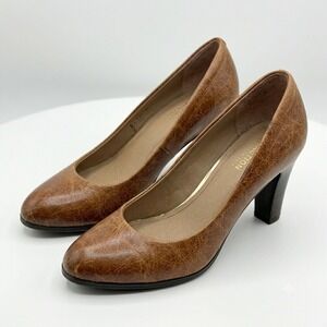 Kenneth Cole Reaction Brown Leather Block Heel Pumps Size 9 Office Quiet Luxury
